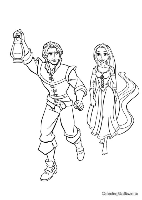 Rapunzel e Flynn na Estrada Rapunzel e Flynn na Estrada - Página para Colorir