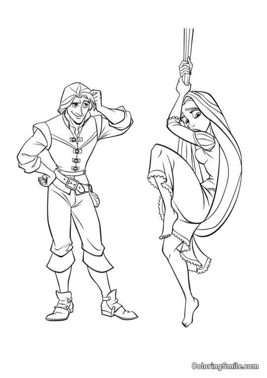 Rapunzel Descendo pela Cabelo com Flynn Rapunzel Descendo pela Cabelo com Flynn - Página para Colorir