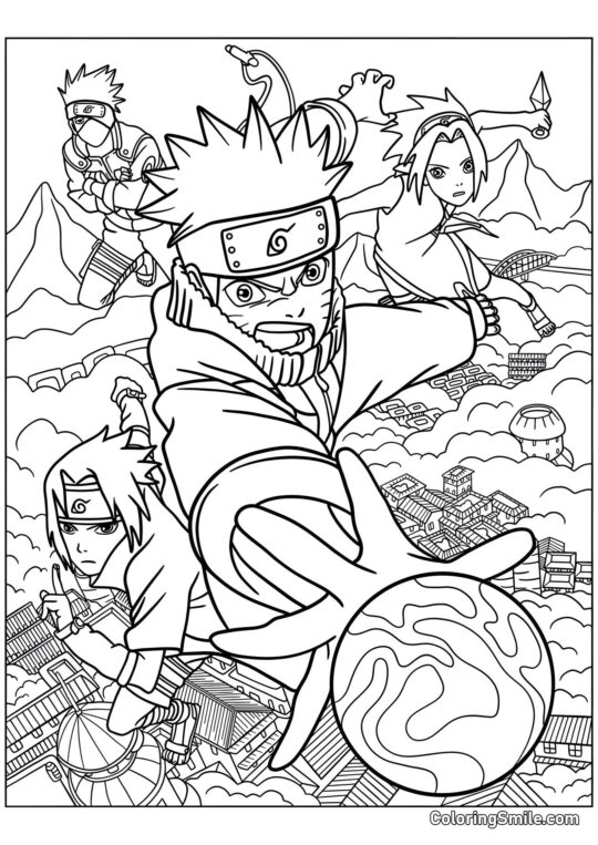 Naruto, Sasuke, Sakura e Kakashi em Batalha - Página para Colorir