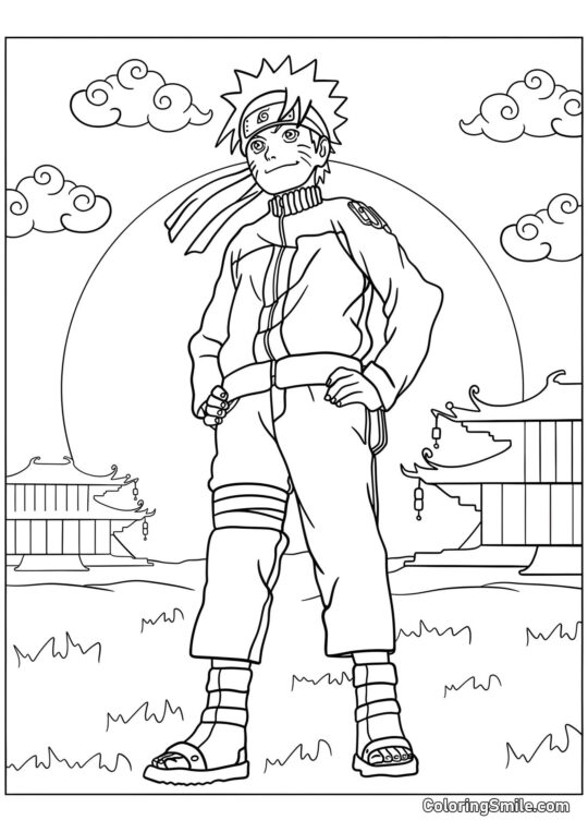 Naruto com Fundo de Sol Nascente - Página para Colorir