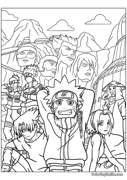 Equipe Sete com Kakashi, Iruka e Terceiro Hokage - Página para Colorir