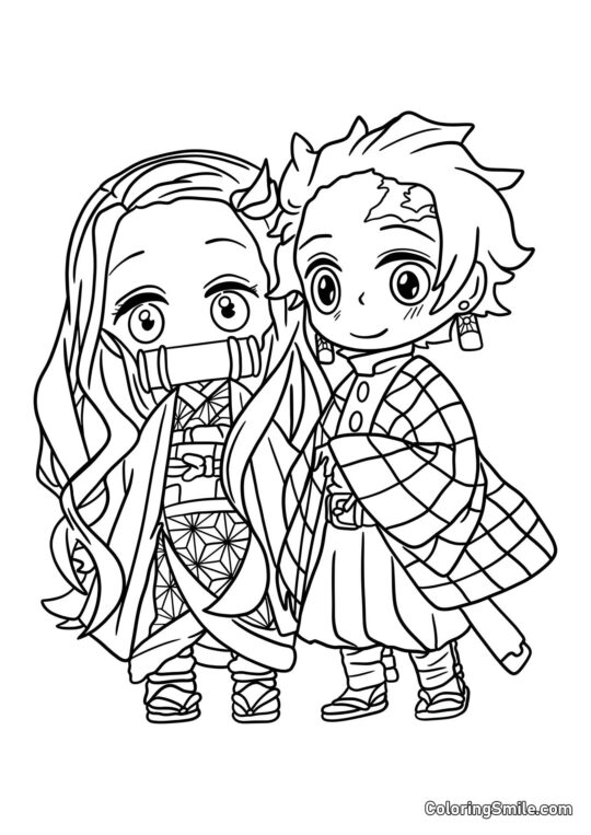 Chibi Tanjiro e Nezuko - Página para Colorir