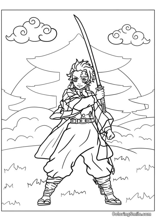 Tanjiro Kamado sorridente - Página para Colorir