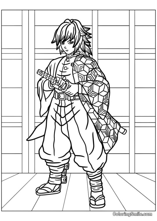 Giyu Tomioka com uma espada - Página para Colorir