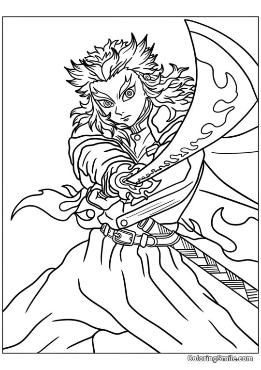 Kyojuro Rengoku com uma espada - Página para Colorir