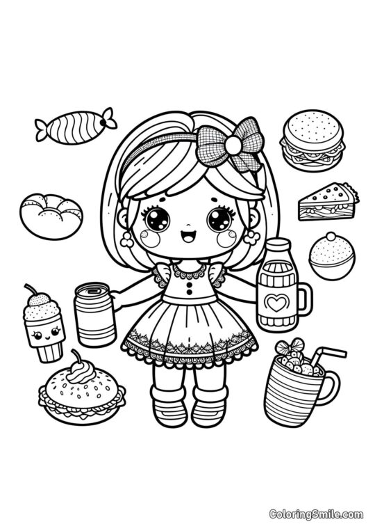 Boneca com Comida Boneca com Comida - Página para Colorir