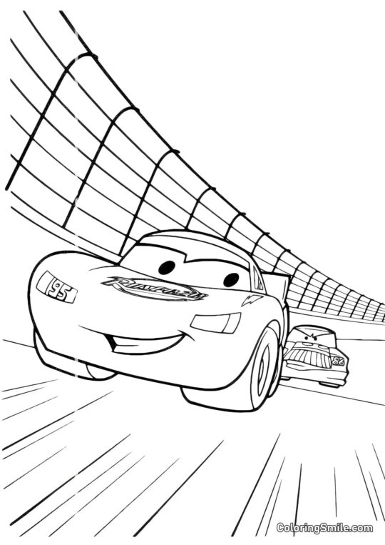 McQueen sendo perseguido em uma corrida - Página para Colorir