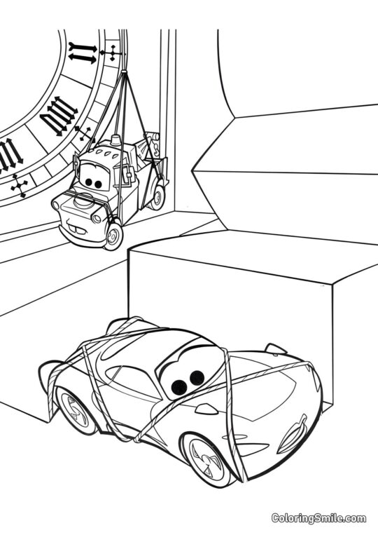 McQueen e Mater amarrados na capela - Página para Colorir