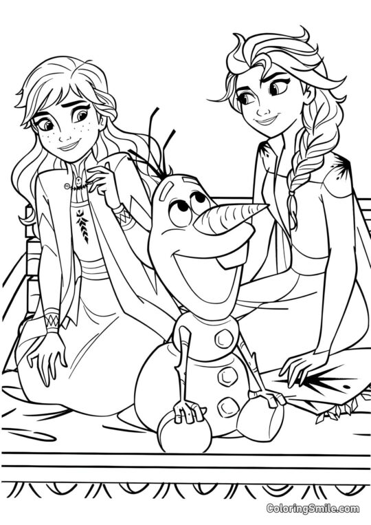 Anna, Elsa e Olaf em um piquenique - Página para Colorir
