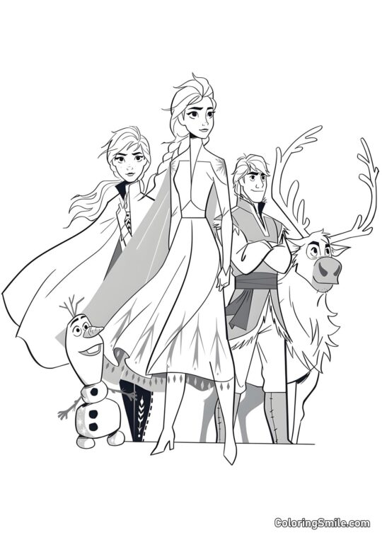 Elsa, Anna, Kristoff, Sven e Olaf - Página para Colorir