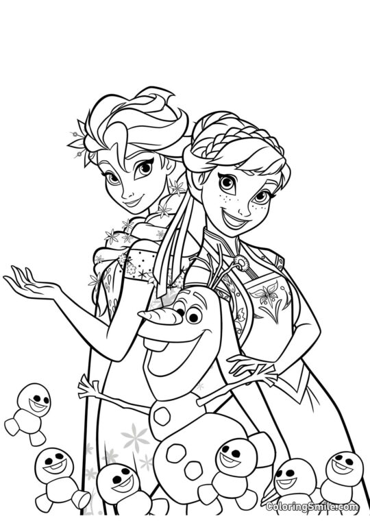 Elsa, Anna, Olaf e bonecos de neve - Página para Colorir