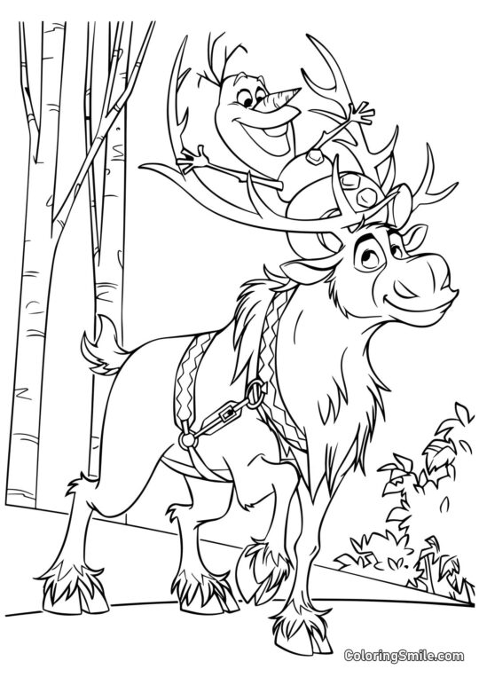 Olaf e Sven na floresta - Página para Colorir