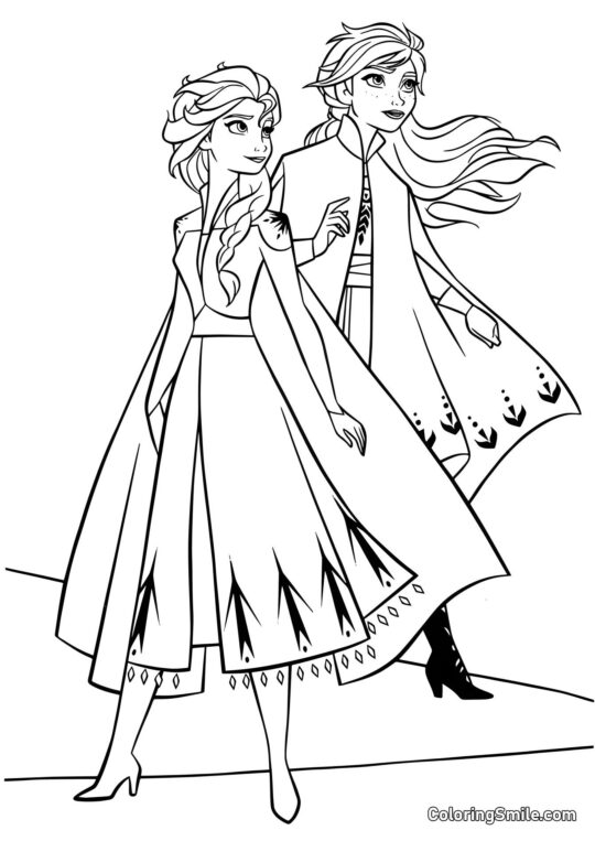 Anna e Elsa a caminho da Floresta Encantada - Página para Colorir