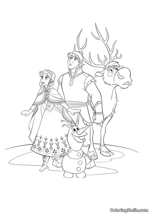 Anna, Kristoff e Sven, Olaf - Página para Colorir