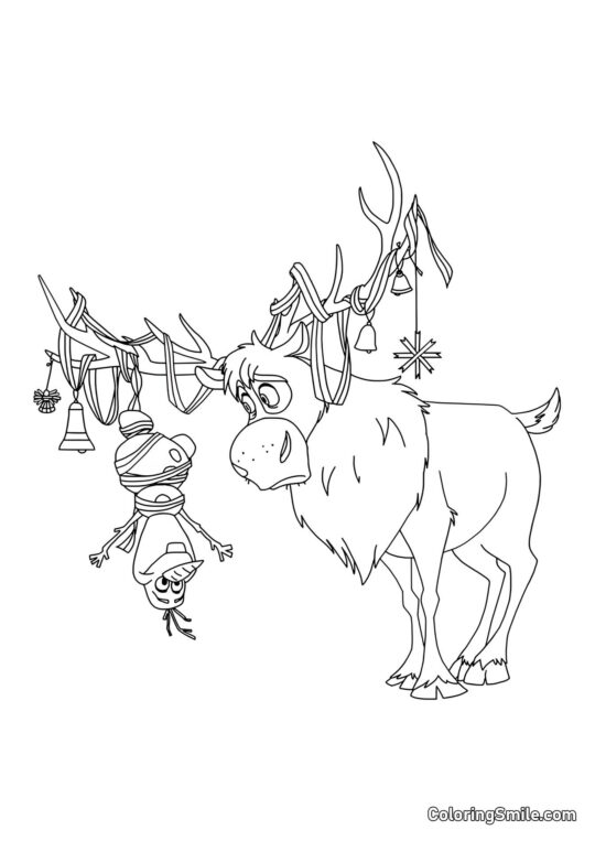 Olaf pendurado nos chifres do Sven - Página para Colorir