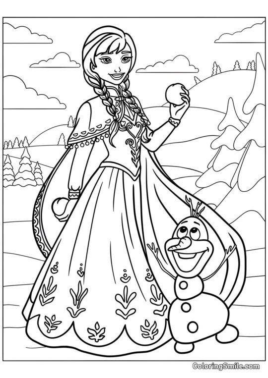 Anna de Frozen com uma bola de neve e Olaf - Página para Colorir