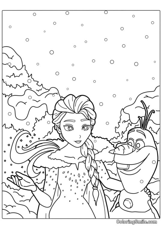 Princesa Elsa e o boneco de neve - Página para Colorir